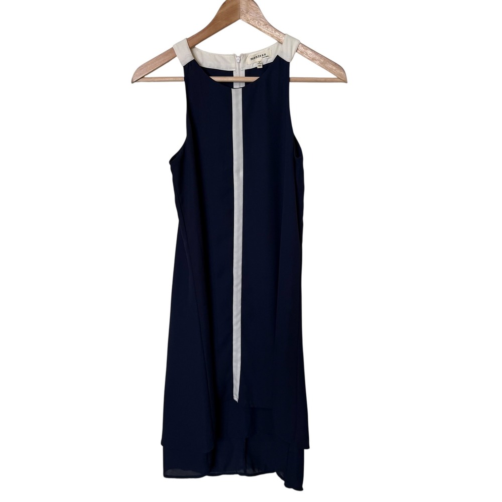 Monteau Los Angeles Navy Blue White Stripe Sleeveless High Low Shift Dress XS‎